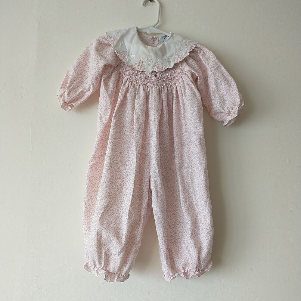 Carriage Boutique Bubble Romper Baby Girl 12M Pink Floral Smocked Puff Sleeve